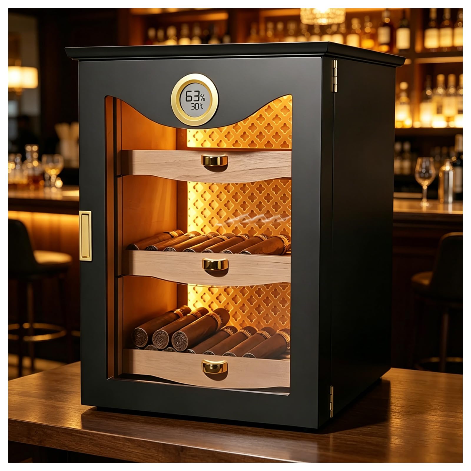 Biurkowa szafka humidor | do 130 sztuk | Precyzyjny elektroniczny higrometr | Cedrowe półki | 28×28×37 cm | 5,9 kg | Do przestrzeni mieszkalnych (użytku domowego) Black
