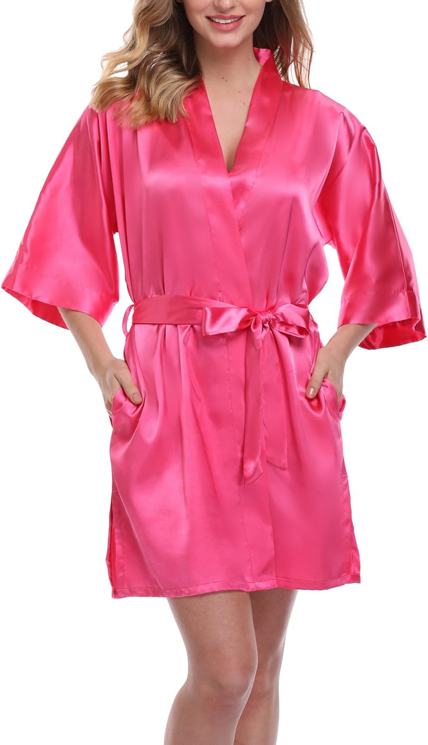 Women's Pure Color Satin Kimono Robe Short Bridesmaids Robe Dressing Gown