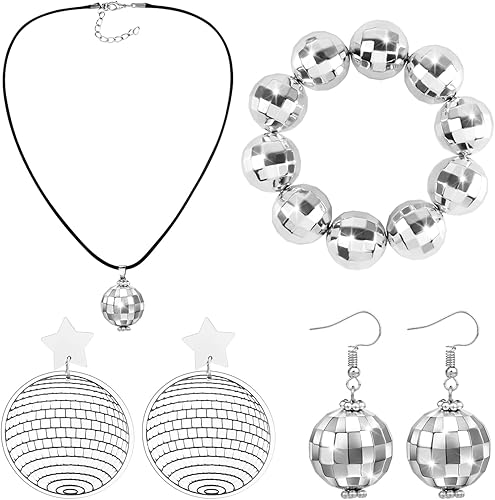4 piezas de accesorios de bola de discoteca aretes de bola de discoteca para mujer, pulsera de bola de espejo de discoteca de los años 60 y 70,