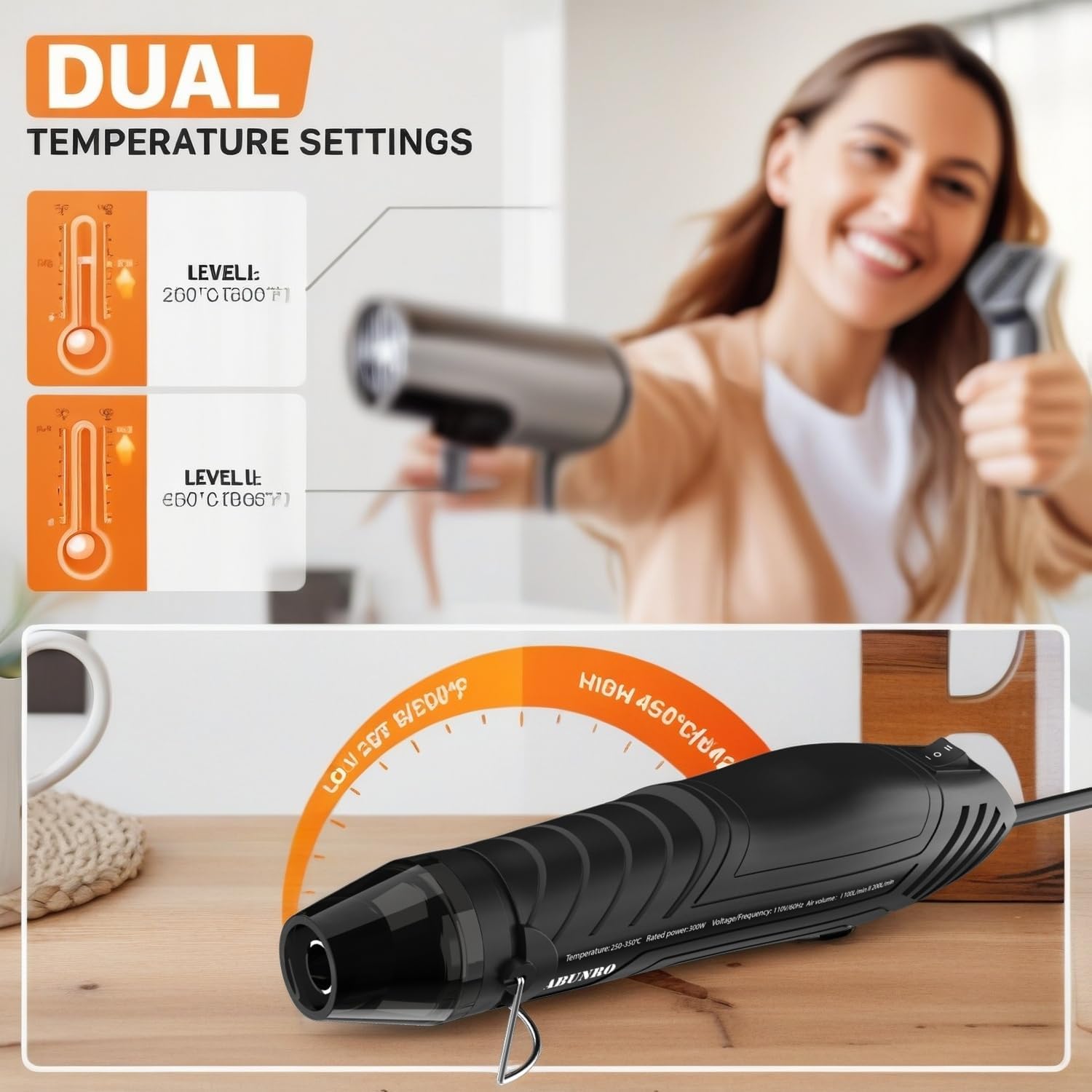 Mini Heat Gun, 2-Temp Settings 482℉ & 662℉（250℃& 350℃), 6.6FT Long Cable Fast Heat Hot Air Gun Tool with Reflector Nozzle, Overload Protection for Crafting, Vinyl Wrap and Shrink Tubing