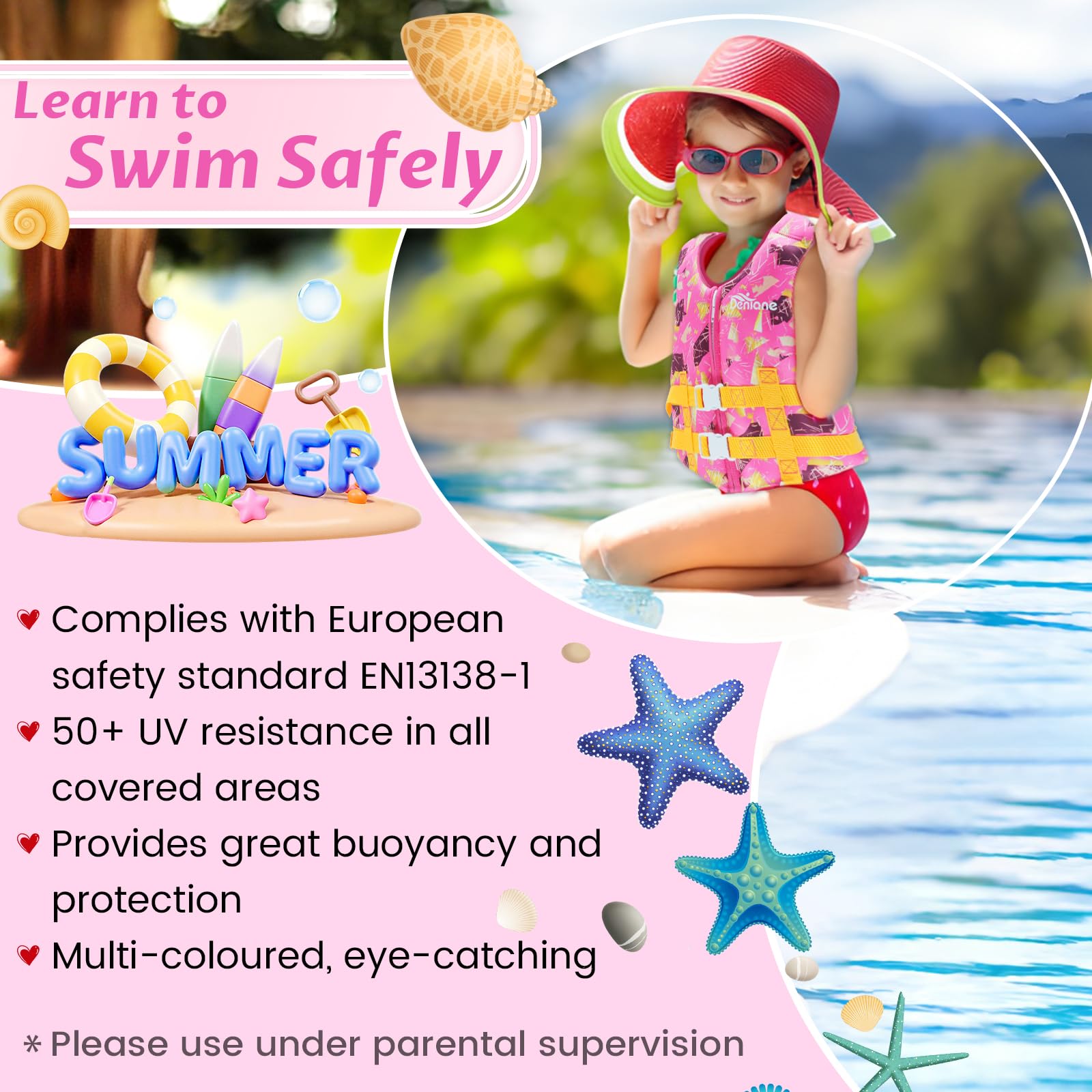 Giubbotto da nuoto per bambini in neoprene, costume da bagno per ragazzi e ragazze, costume da bagno per l'allenamento al nuoto con cinghie di sicurezza regolabili - Rosa S(1-3 anni)