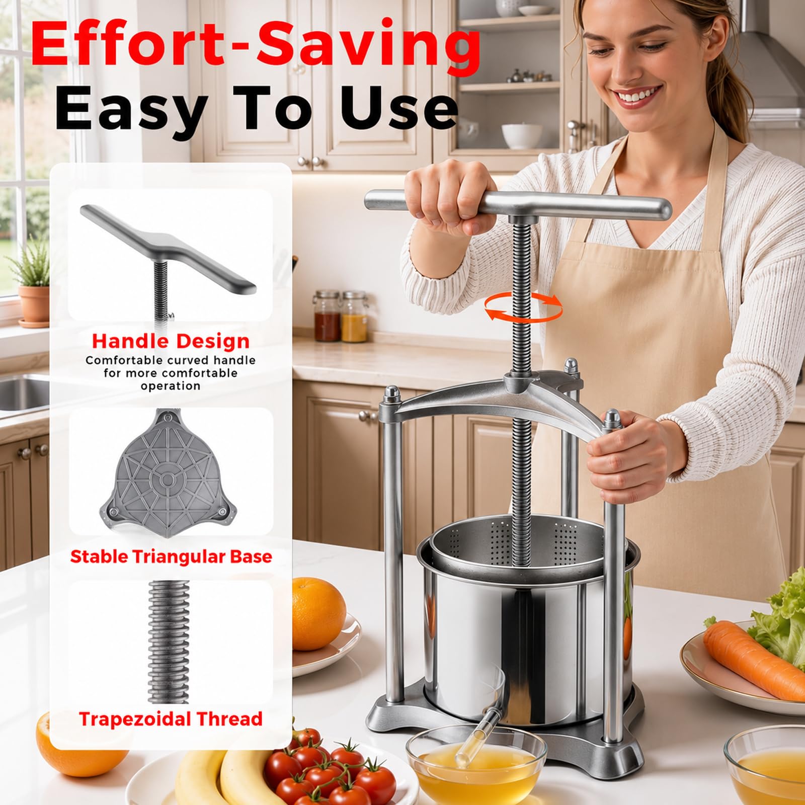 Presse à Fruits Manuelle 6 L, Pressoir à Jus en Acier Inoxydable | Base Triangulaire, Poignée en T et Panier Amovible pour Raisins, Pommes, Baies, Miel, Fromage, Herbes et Cidre