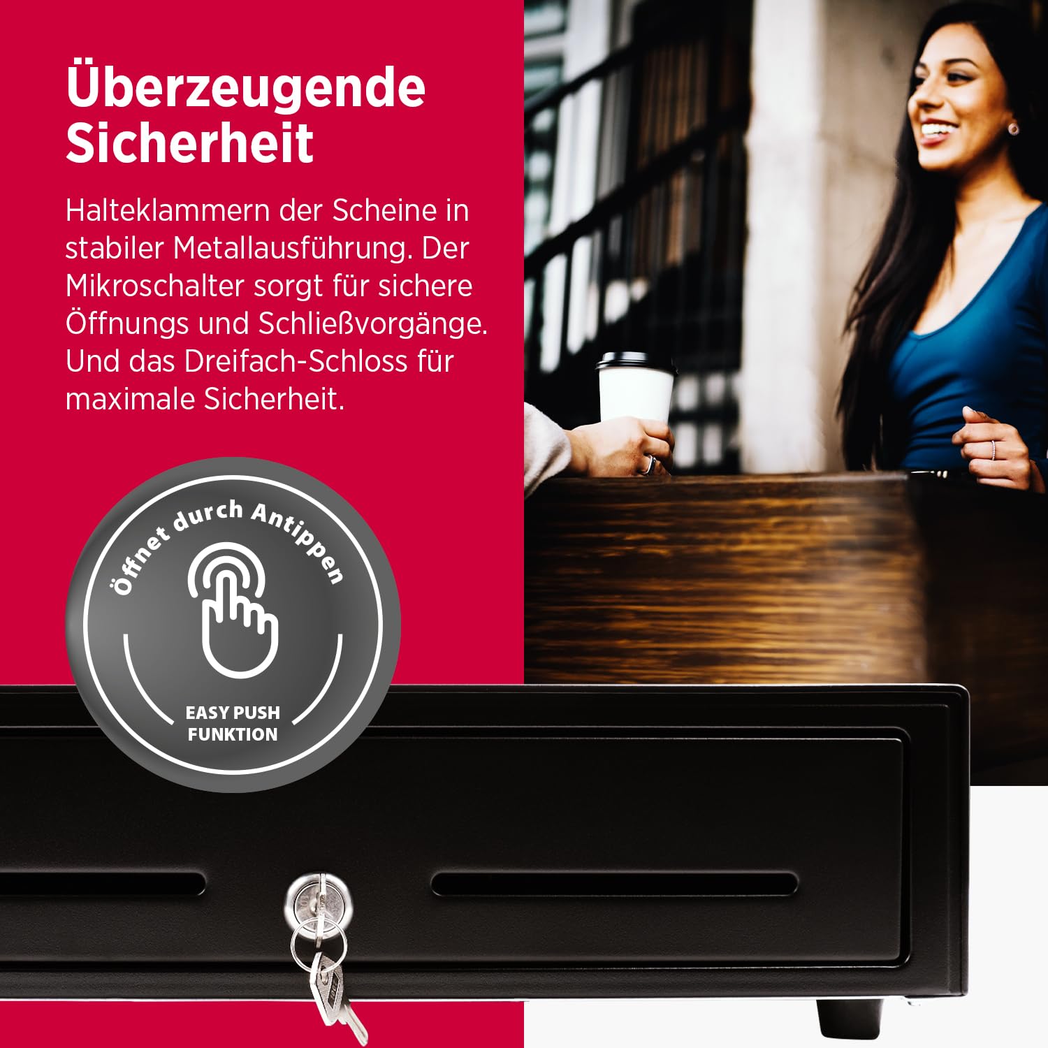 Olympia LD 410AT Kassenschublade | Geldkassette abschließbar mit Einwurfschlitz | RJ12-kompatibel | 8 Münz- & 4 Scheinfächer + Halteklammern | Metallgeldbox für Handel & Gastronomie | 41,5x41x10,4 cm