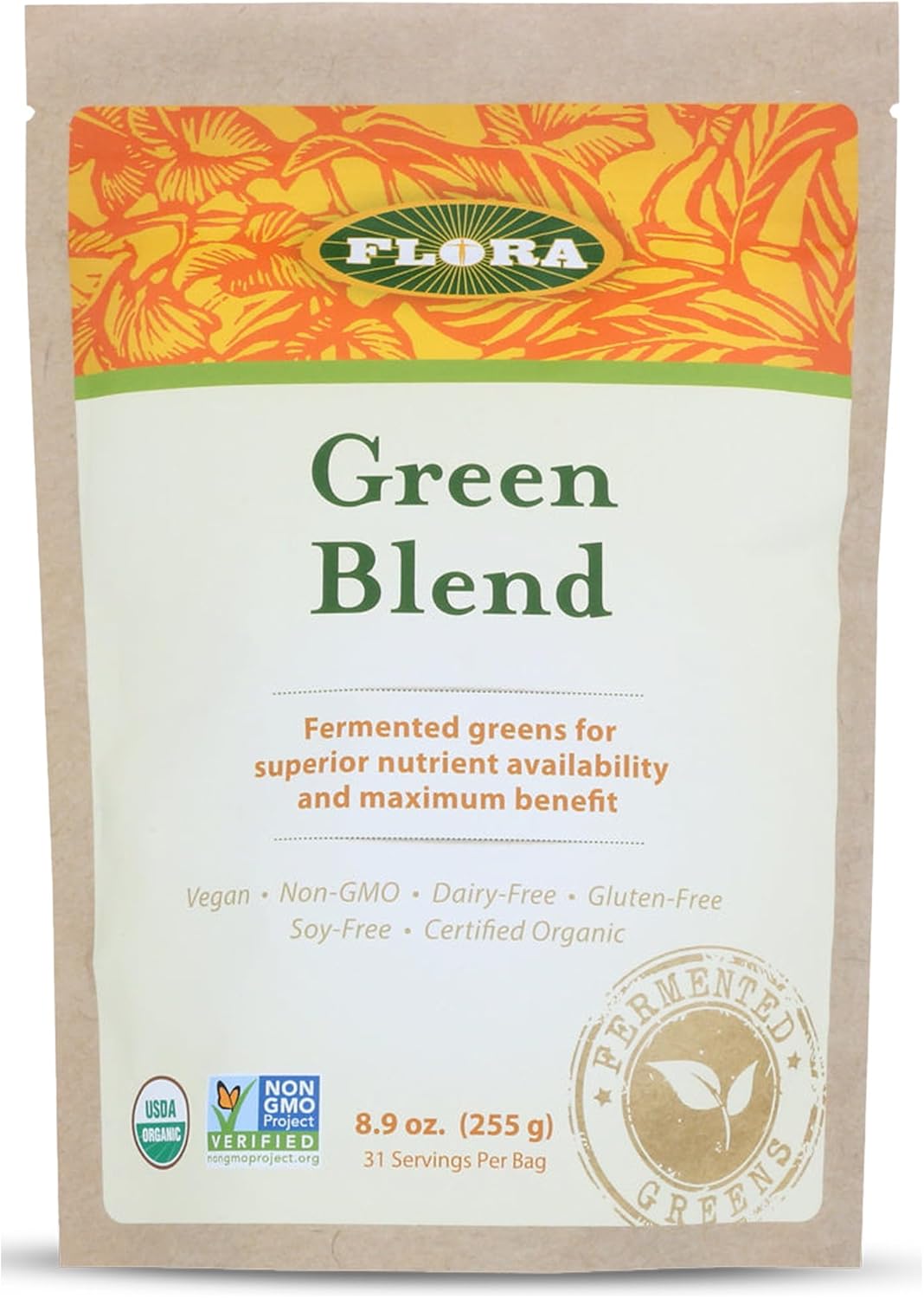 Flora - Green Blend Fermented Grasses, Whole Foods and Superfoods, Same Nutrients as Juicing Without The Mess, Antioxidant Rich with Kale and Broccoli, 8.9-oz. Powder