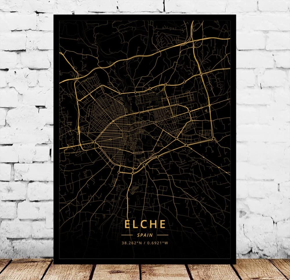 Cuadro Sobre Lienzo,Elche España Mapa De La Ciudad Carteles De Arte Mural Modernos Impresiones Grandes Imágenes Oro Negro Rectángulo De La Ciudad Pinturas Pop Murales Obras De Arte Para La Decorac