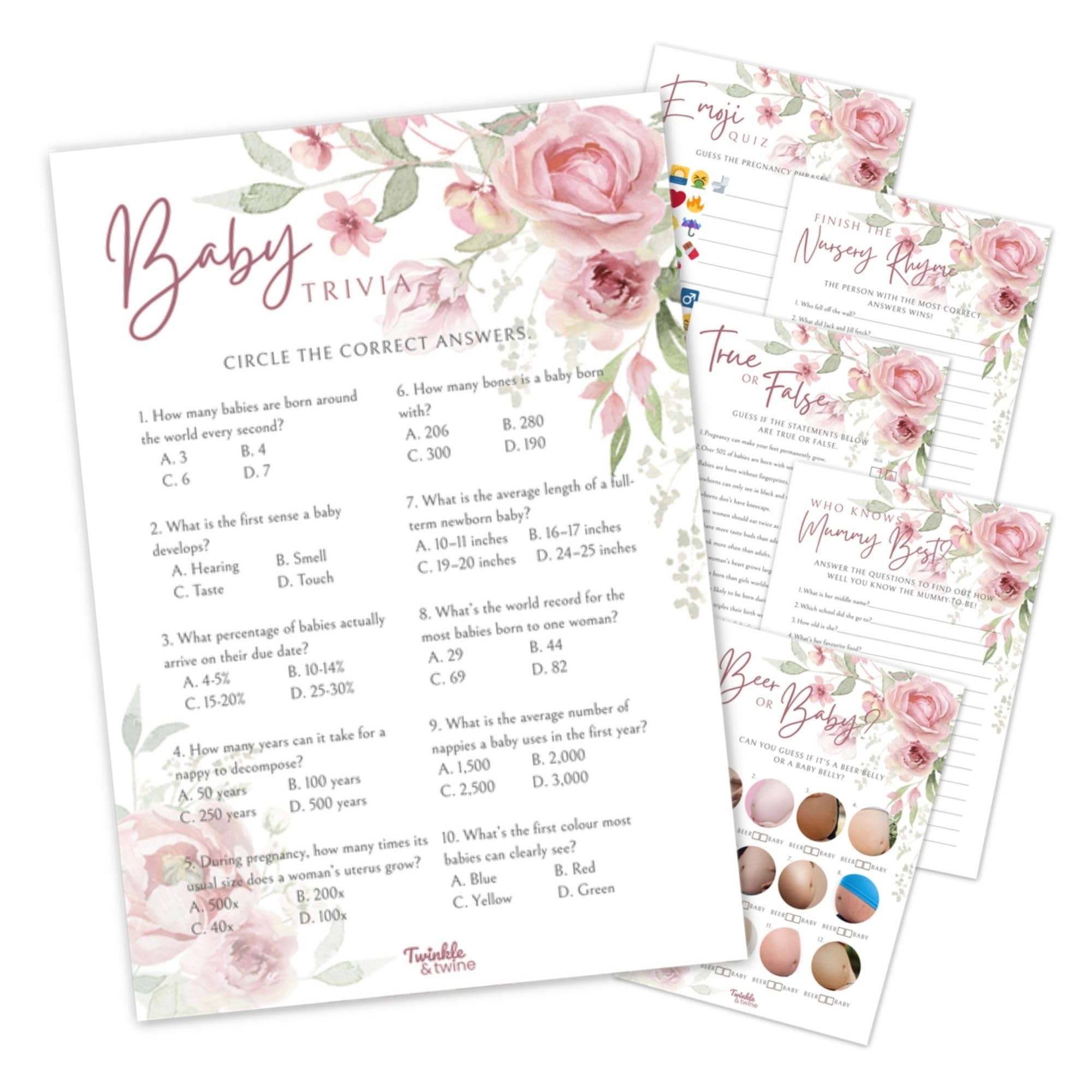 Twinkle & Twine Pink Floral Girl Baby Shower Games - Baby in Bloom Theme - Baby Shower Activity 6 Games for 10 Guests - A5 Size