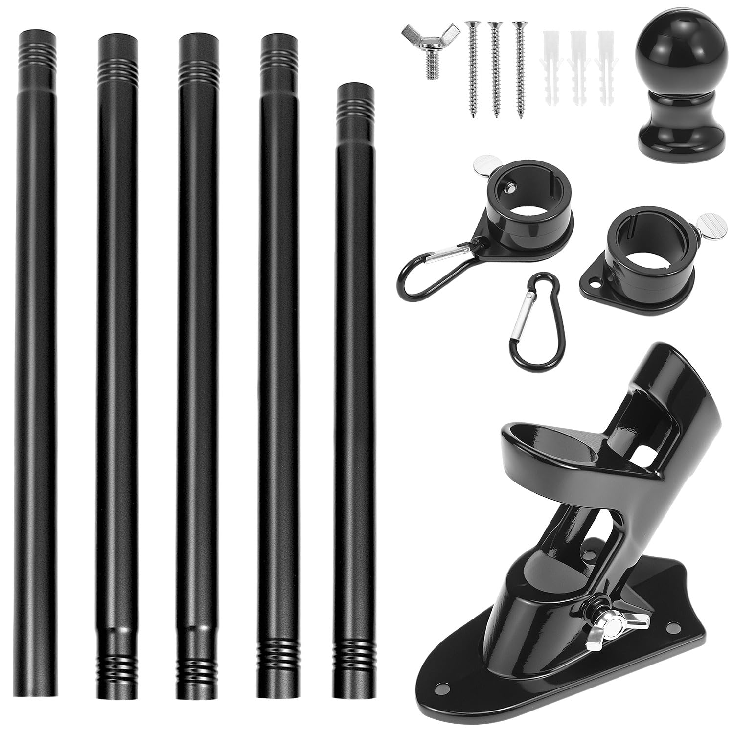 QWORK® Kit Portabandiera da Esterno - Bandiera in Metallo Opaco 180 cm con Staffa a Muro, Testa a Gomito e Anello di Rotazione - Sospensione 45°/90° - Lunghezza Regolabile