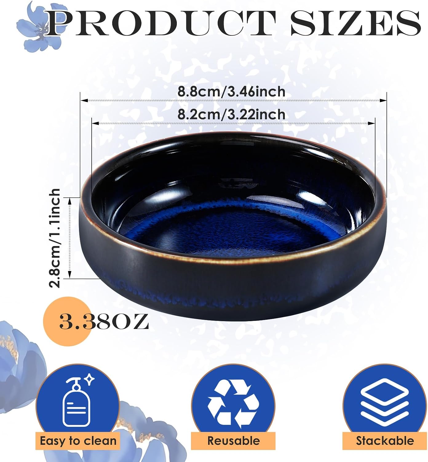 4 Pcs Dipping Bowls, 3.46 Inch, Vintage Blue, Ceramic