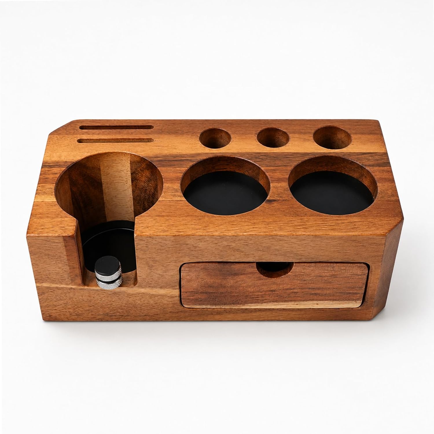Acacia Wood Espresso Tamping Station with Drawer, Espresso Organizer for 51-58mm Portafilters, Non-Slip Coffee Accessories Holder with WDT Tool & Brush, Coffee Bar Organizer for Home Baristas