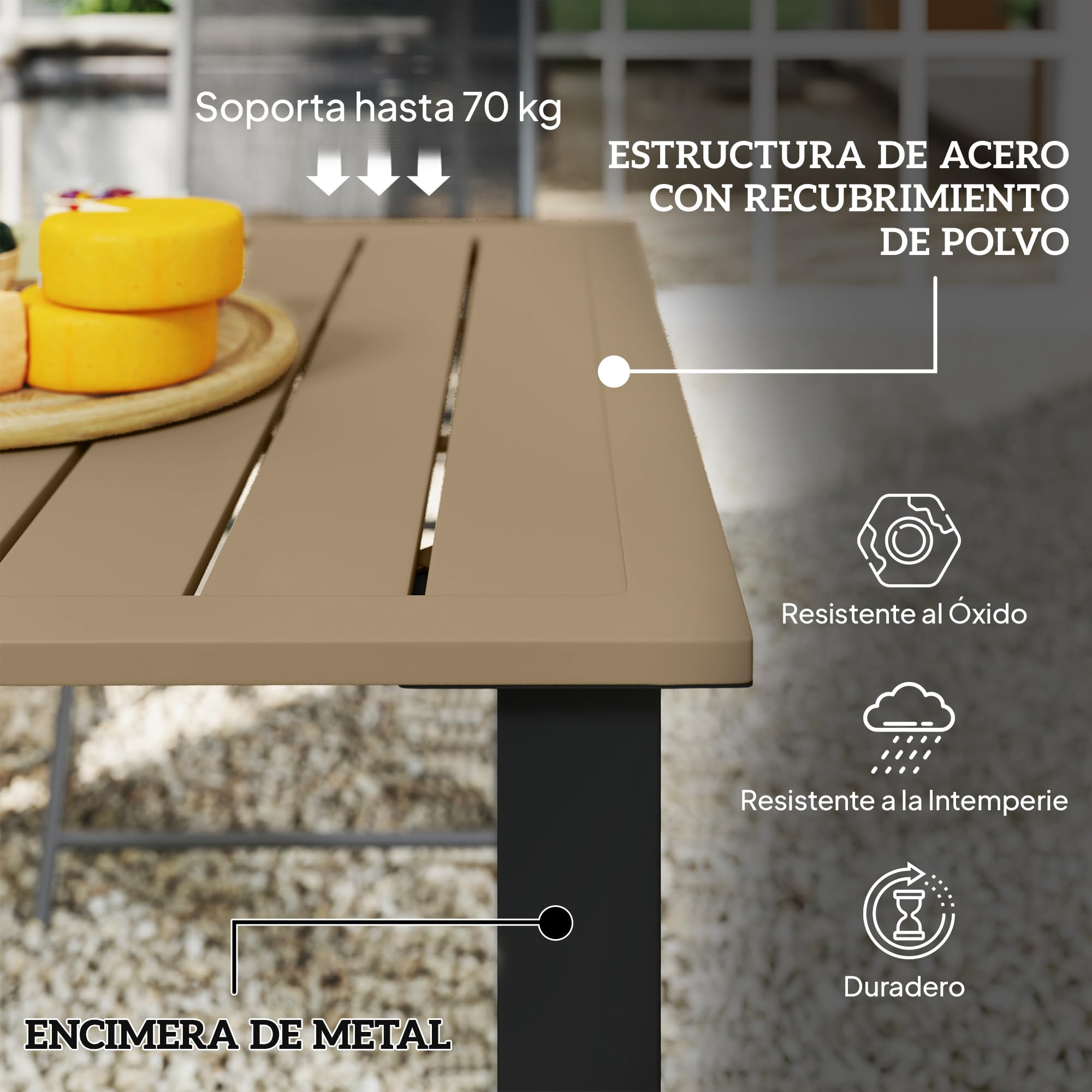 Outsunny Mesa de Jardín Rectangular con Patas de Acero 150x90x73 cm Marrón | Mesa de Terraza Exterior, Orificio para Sombrilla, Diseño de Listones, Carga 70 kg, para Terraza Patio
