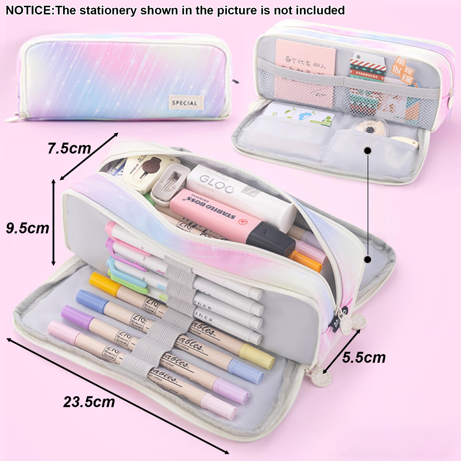 X SIM FITNESSX Pencil Case for Teens Girls 3 Compartments Large Capacity Pencil Case for School and Office (Shooting Star Pink) - Image 3