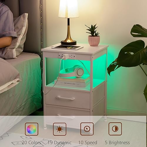 Miniatura 4 de LOAKEKEL Juego de 2 mesitas de noche blancas con estación de carga, mesas auxiliares LED con puerto USB C y tomas, mesita de noche con 2 cajones de