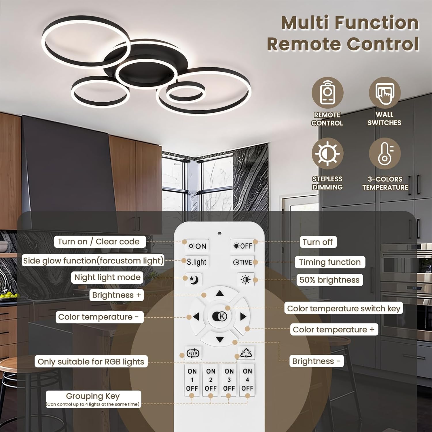 Modern LED Ceiling Light Black Flush Mount Ceiling Light Dimmable Dining Room Light Fixtures with Remote 5 Rings Acrylic Kitchen Lighting Fixtures Ceiling Lamp for Living Room Bedroom (Black, 5 Rings)