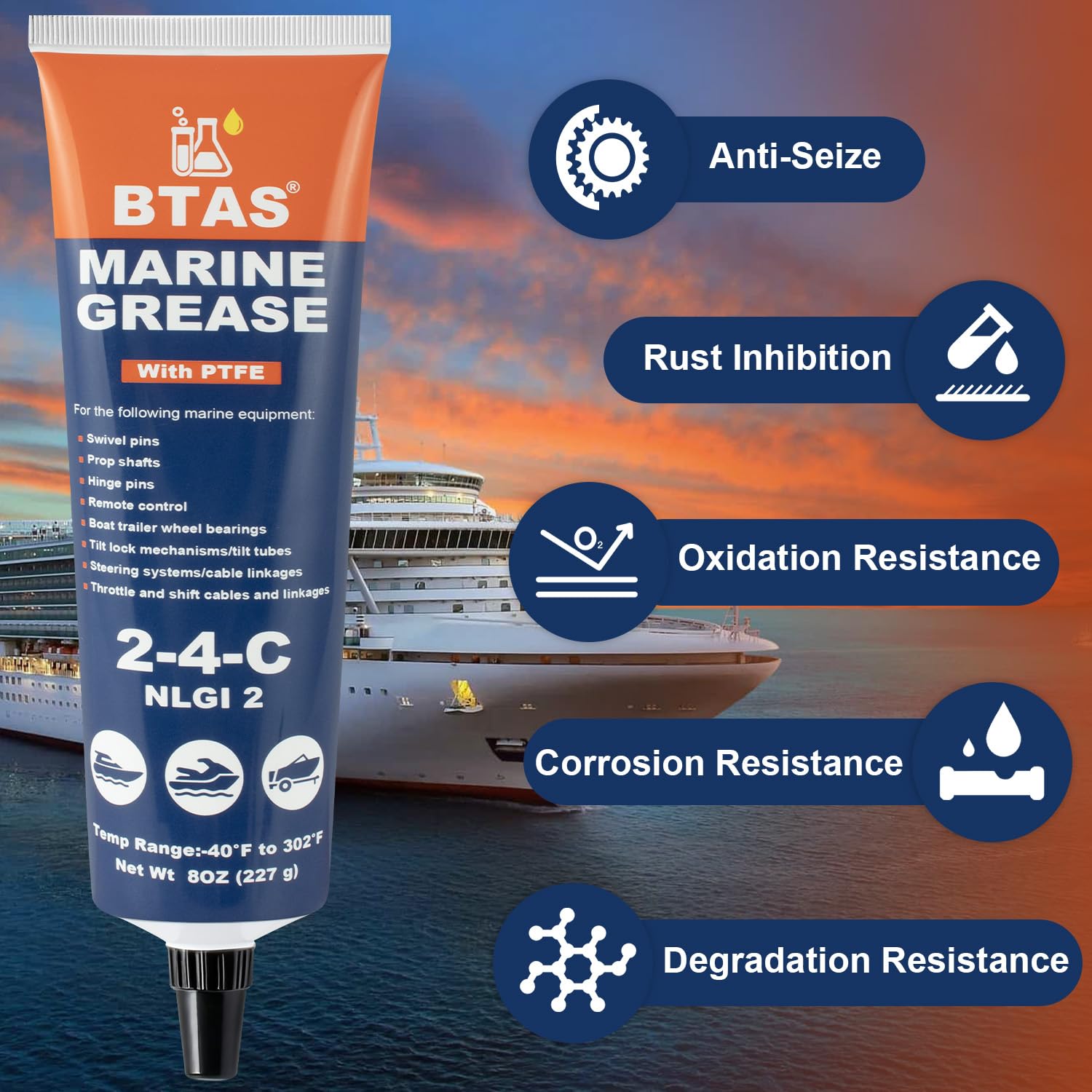BTAS Grasso marino 2-4-C con tubo PTFE da 227 g,Grasso per cuscinetti ruota di grado marino,Lubrificante al litio per rimorchio barca NLGI 2 (227g marina) | Lubrificante per cuscinetti ruote, lubrificante al litio NLGI 2 per rimorchi per barche