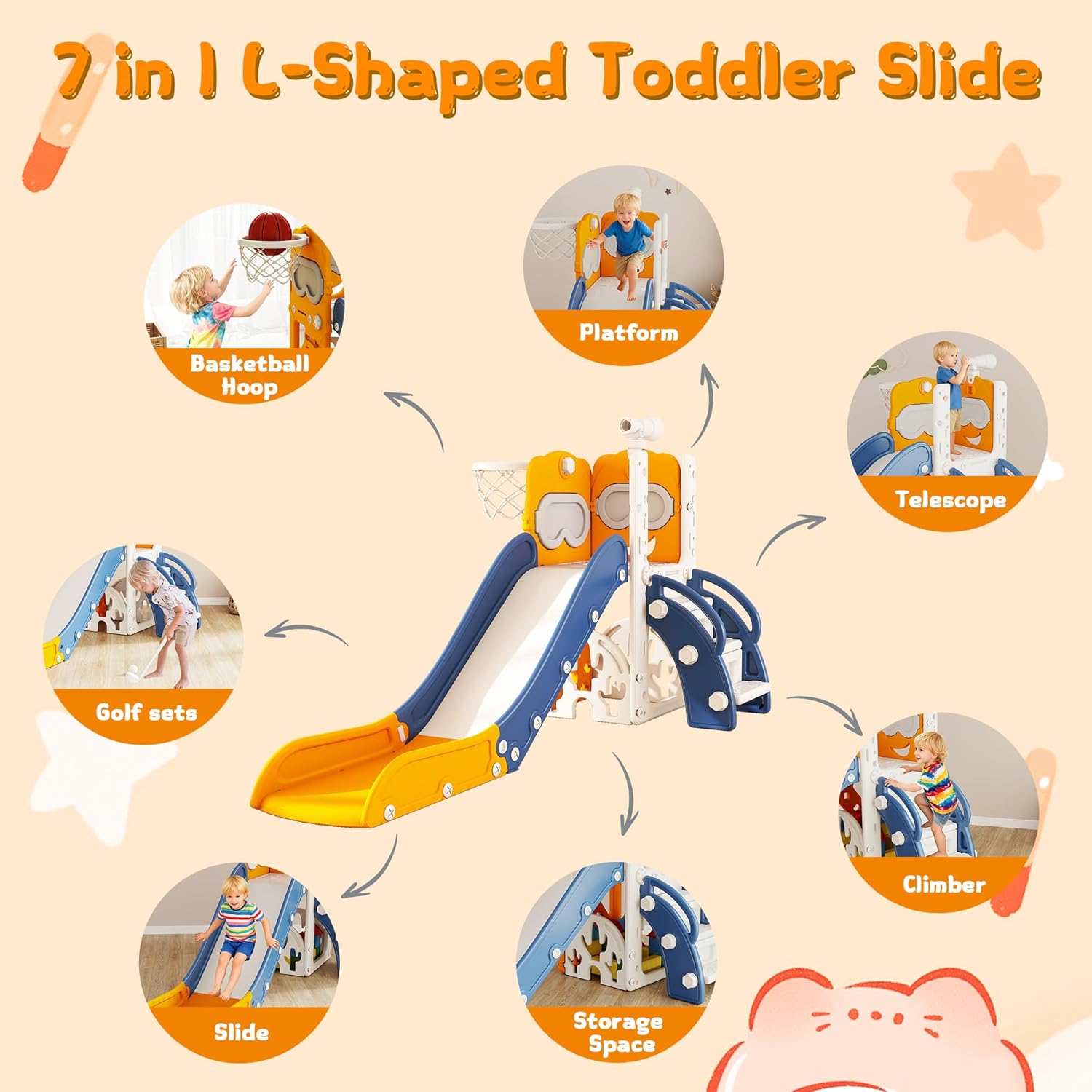 GITAWUSA 7 in 1 Toddler Slide Playset L-Shaped Indoor & Outdoor Playground for Kids Ages 1-3, Features Golf Set, Basketball Hoop, and Non-Slip Steps, for Boys & Girls, Blue & Yellow