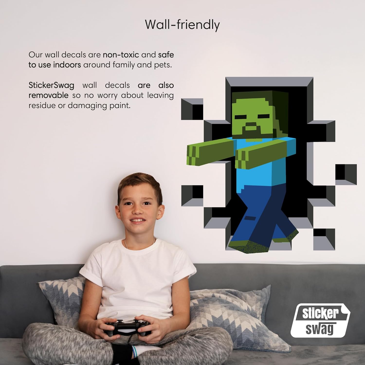 Custom Gaming Wall Decal – Personalized Name Gamer Room Decor, Removable Vinyl Sticker (Blue Block Boy)