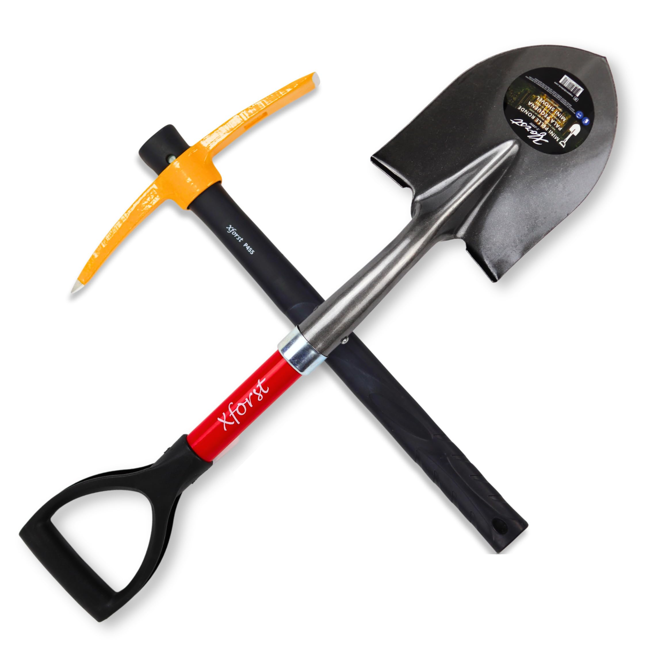 Xforst Set de Jardinage avec Pioche et Mini Pelle, avec des Manches en Fibre de Verre et têtes en Acier Forge. Idéale pour Le Jardinage et la Prospection. Modèle S800 + PF45N.