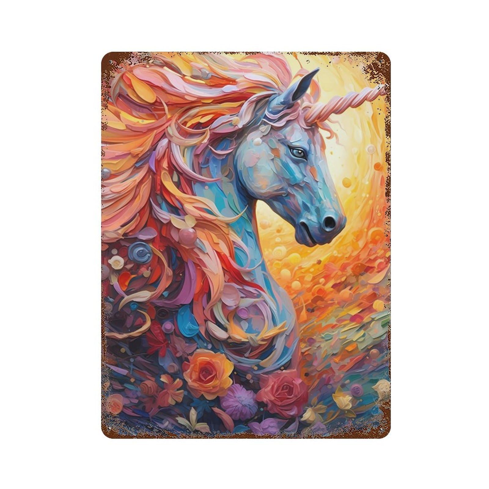 Rust Effect Tin Sign Unicorn Colorful 15.7"x11.8", Vintage Wall Decor for Basement, Hobby Room And Garage Decor
