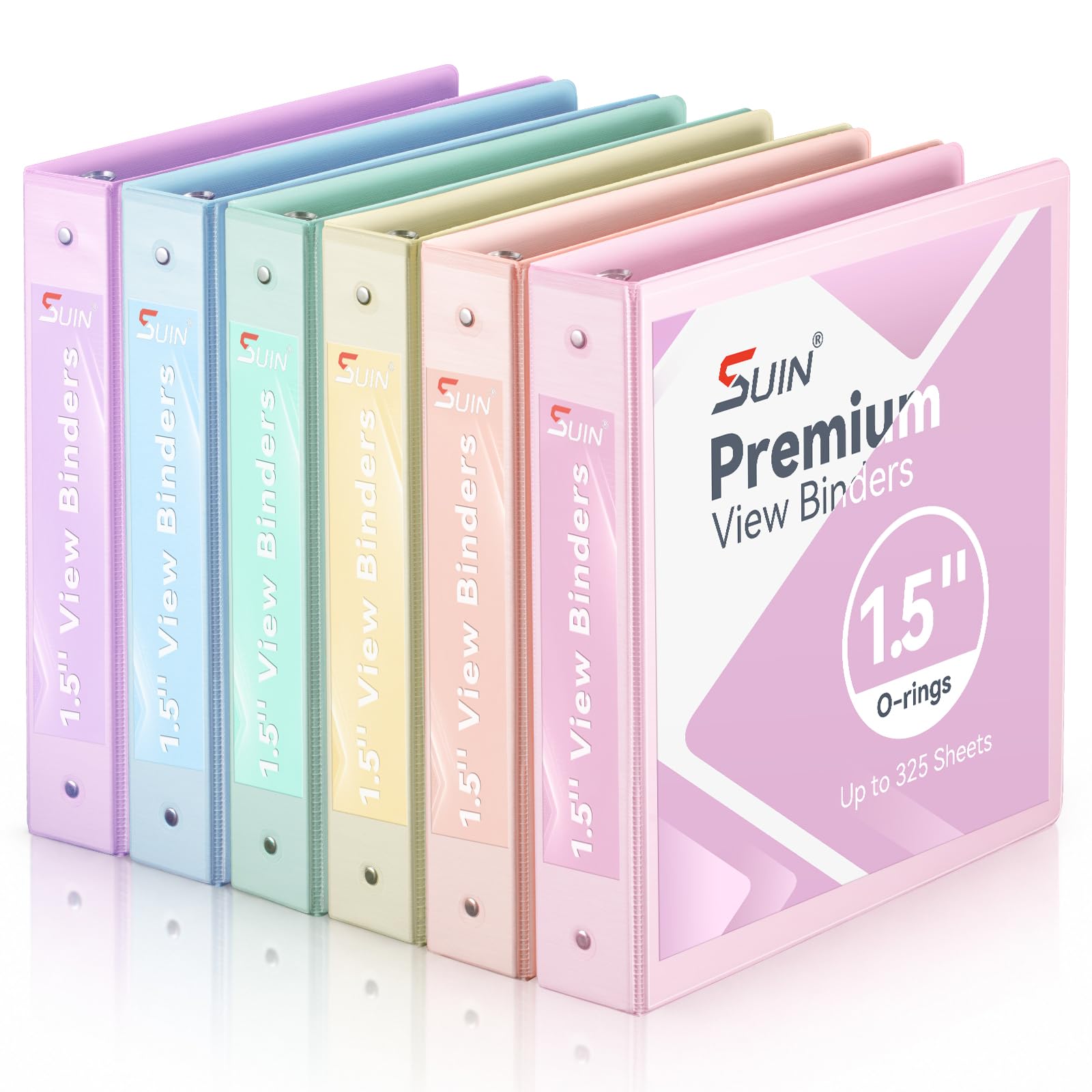 SUIN Lot de 6 classeurs à 3 anneaux de 3,8 cm avec 2 poches intérieures, texture brossée couleurs assorties, peut contenir 325 feuilles pour l'école, le bureau, la maison