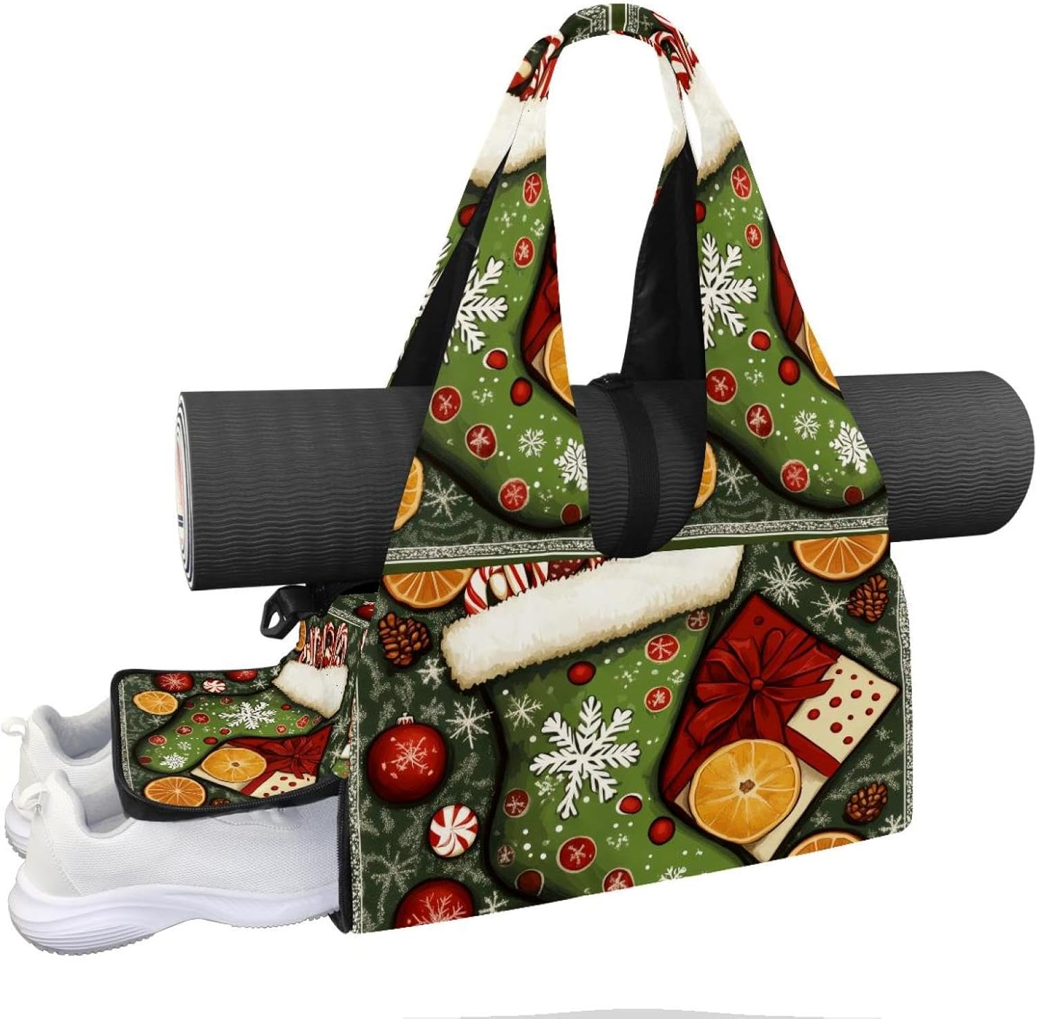 Gym Bag for Women, Christmas Sock Candy Yoga Mat Bag with Shoe Compartment, Sport Yoga Gym Bag with Yoga Strap, Carryall Yoga Tote Bag