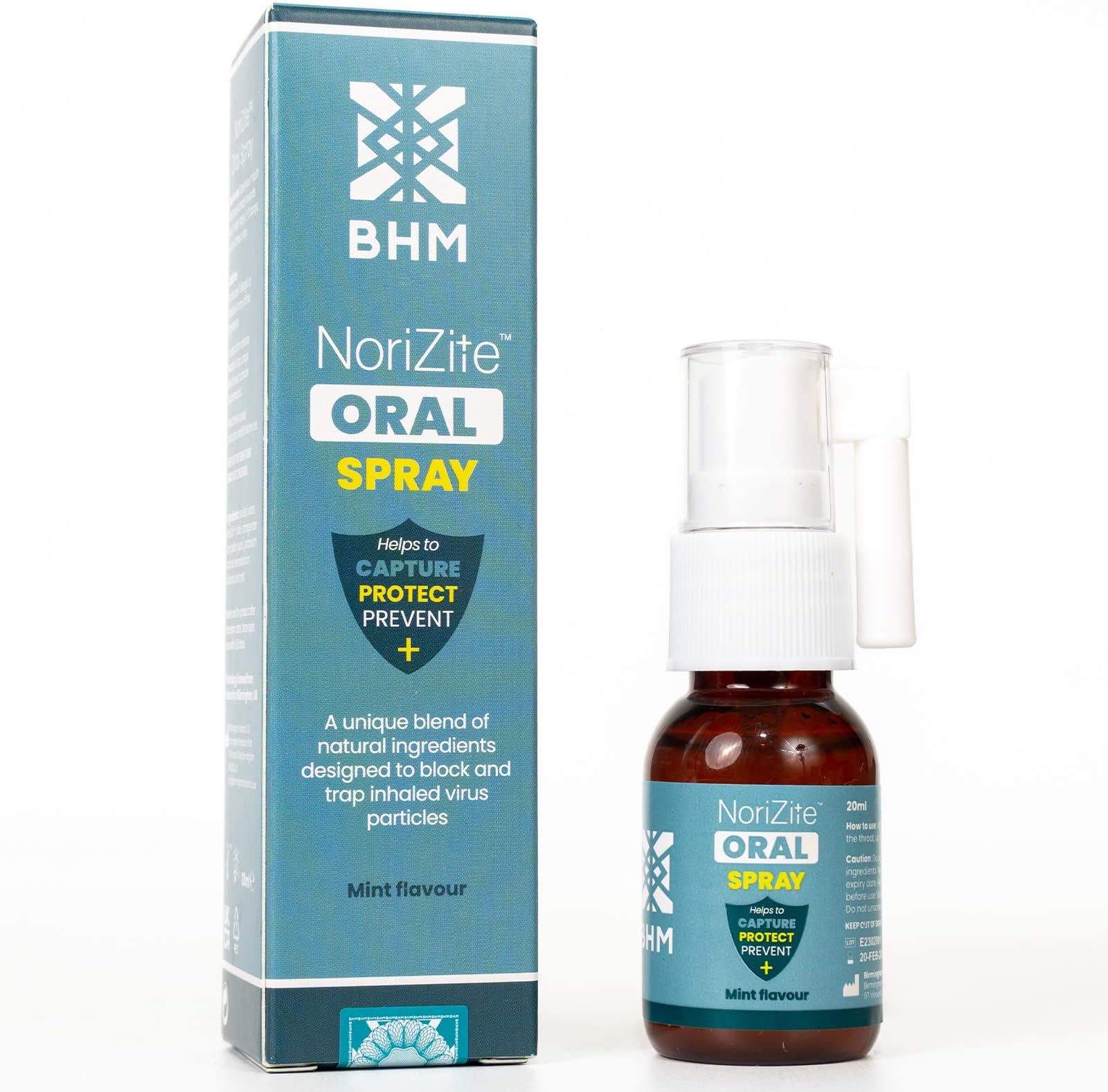 BHM NoriZite Oral Spray for Virus Protection, Cold & Flu Blocker, Sore Throat & Cough Relief – Scientifically Proven New Long-Lasting Natural Barrier, Natural Moisturising Formula (Mint Flavour 20ml)