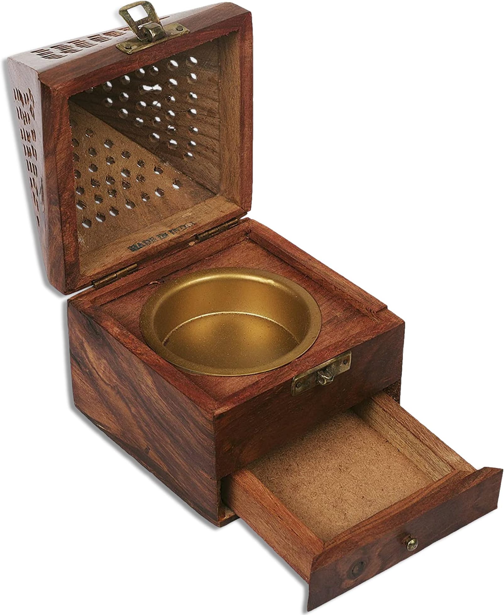 karigar creationsDhoopdani Dhoopbati Loban Dan Holder Handmade Wooden Pyramid Incense Box Fragrance Stand Holder 4x4x7 inch Brown Triangular Pack of 1