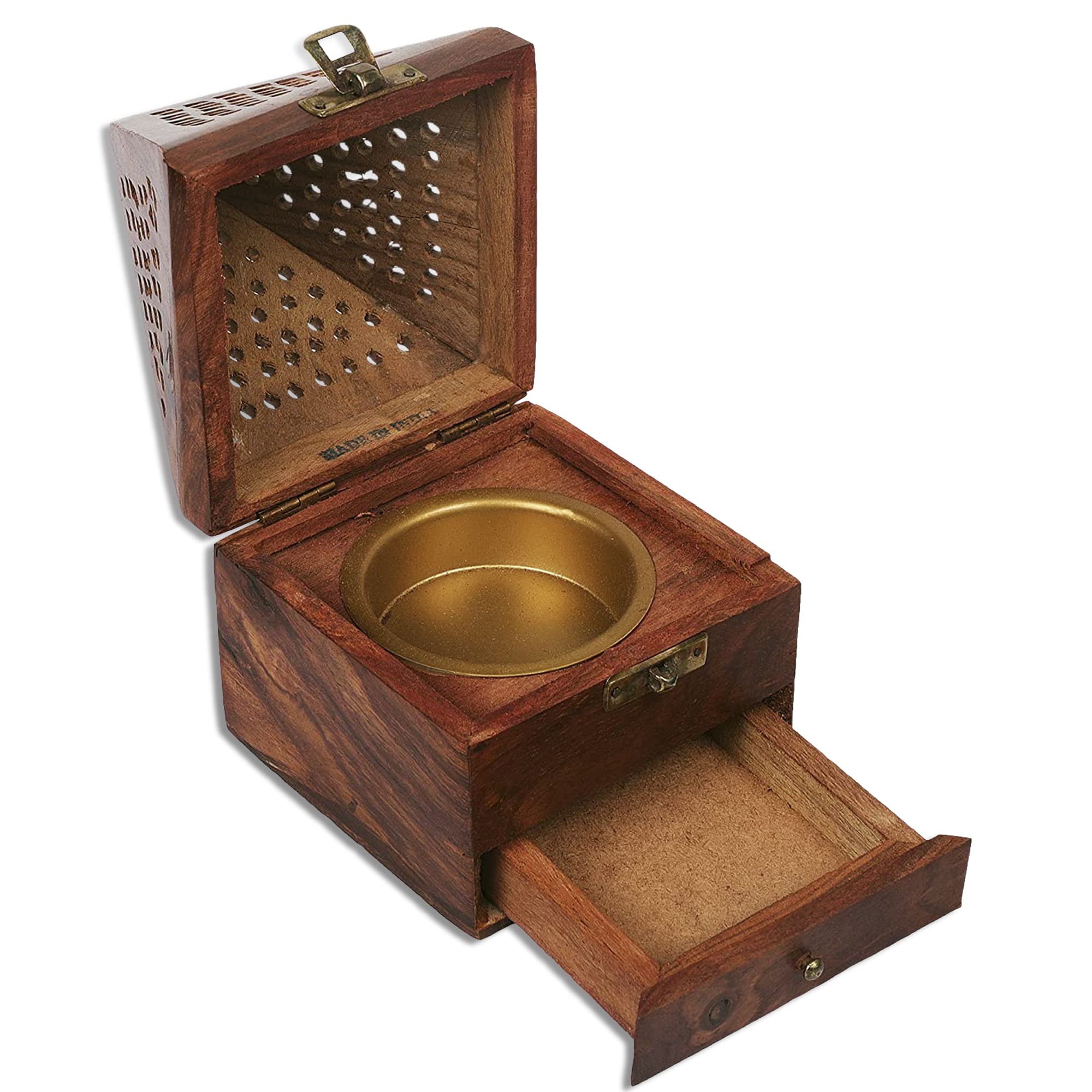 karigar creationsDhoopdani Dhoopbati Loban Dan Holder Handmade Wooden Pyramid Incense Box Fragrance Stand Holder 4x4x7 inch Brown Triangular Pack of 1