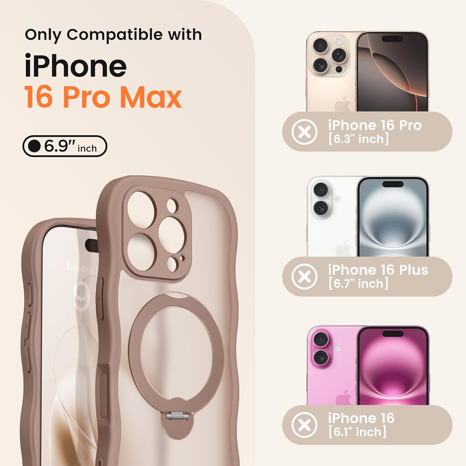 CAPRARO for iPhone 16 Pro Max Case with 360° Spin Magnetic Stand for Women, [Compatible with MagSafe] [Full Camera Protection] Cute Wave Translucent Matte Case for iPhone 16 Pro Max, Brown - Image 2