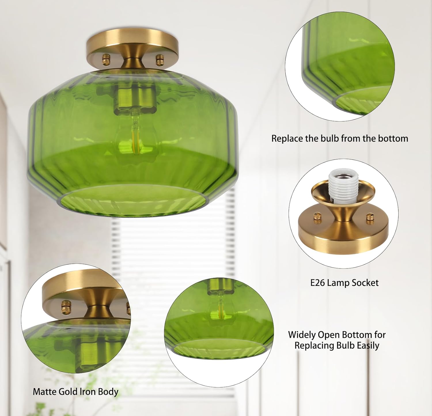 Modern Semi Flush Mount Ceiling Light, Mid Century E26 Close to Ceiling Light Fixtures with Green Glass Shade, 11.02 Inch Vintage Glass Ceiling Lights for Bedroom, Kitchen, Living Room