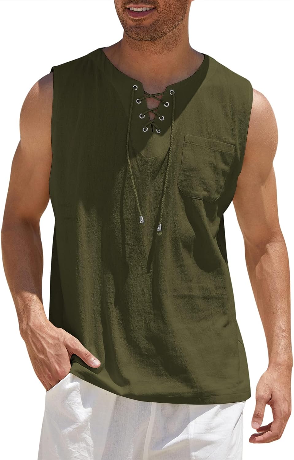COOFANDY Mens Henley Vests Cotton Tank Top Shirt Summer Sleeveless Pirate Tunic Beach Hippie Tops