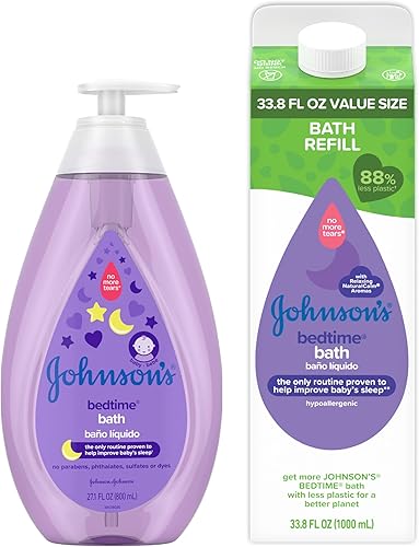 Johnson's Baby Kit de inicio de baño relajante para dormir, baño de bebé lavanda nocturna, 27.01 onzas líquidas y paquete de repuesto de tamaño de