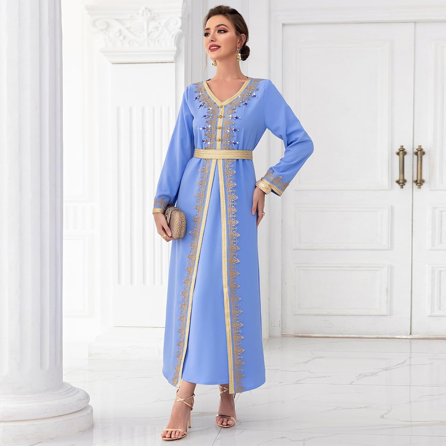 ODIZLI Abaya Dress for Women Dubai Sadui Bead Moroccan Kaftan Fancy Eid Dress Light Blue Medium image 2 of 6 B0CP4VBHHH