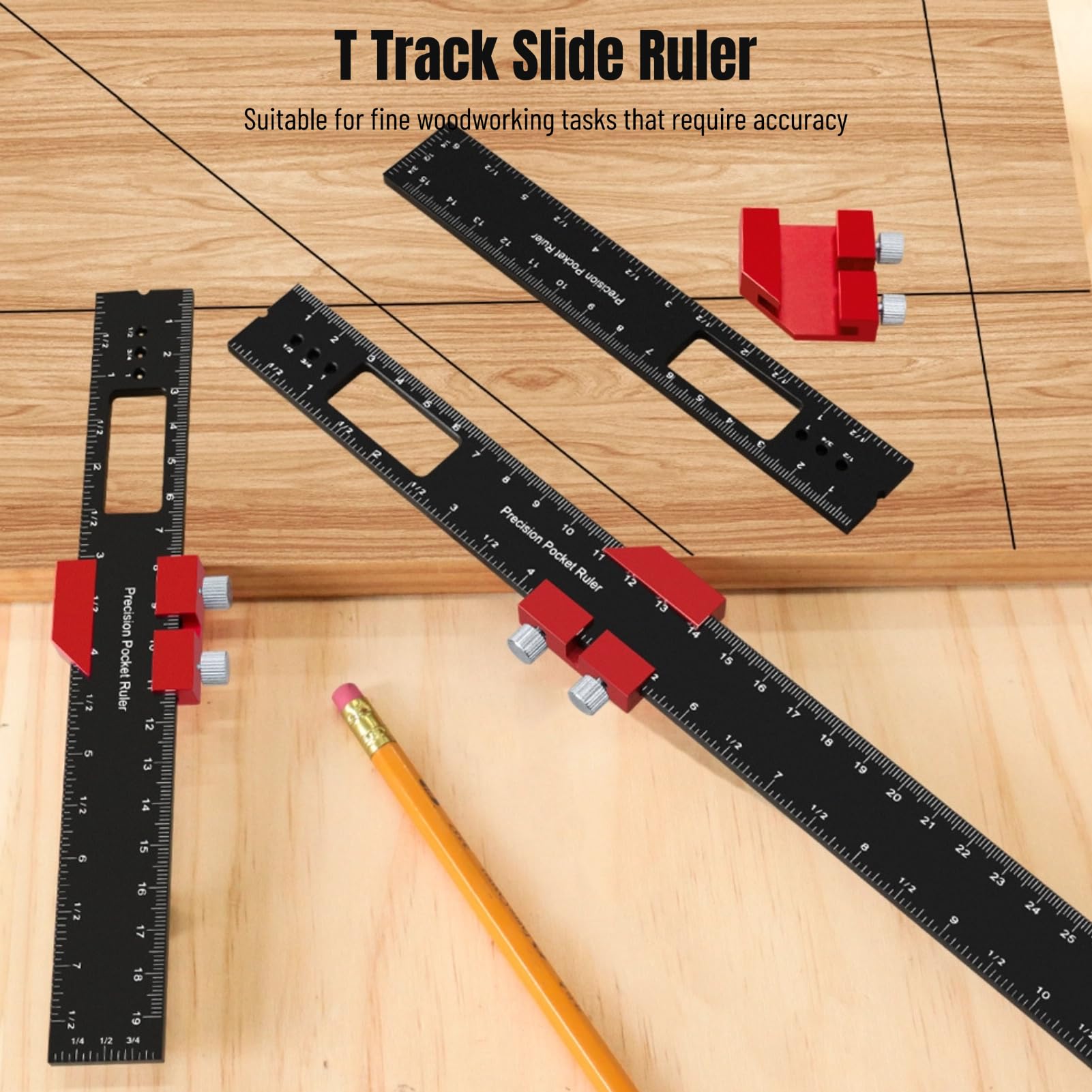 Woodworking Ruler with Slide Stops, 3PCS T Type Scribing and Square Ruler - Image 2
