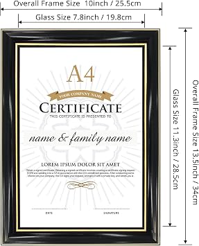 GraduationMall A4 Certificate Frame Diploma Frame Document Picture Holder Solid Wood Real Glass for Wall Tabletop Display Black