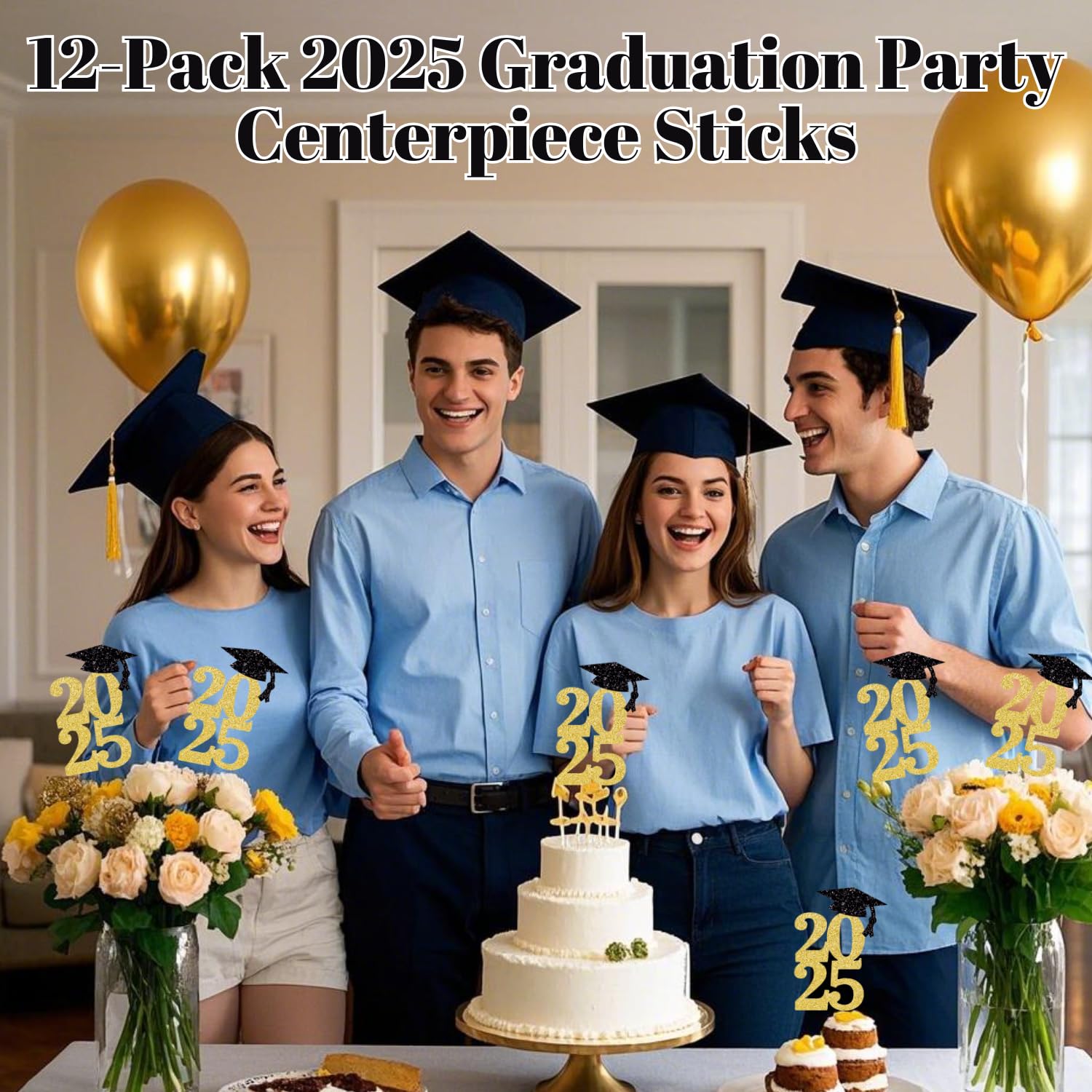 ALISSAR 12 Pack Pre-assembled Double Sided Gold 2025 Graduation Party Centerpiece Sticks-Table Decor Party Decorations for 2025 Graduation