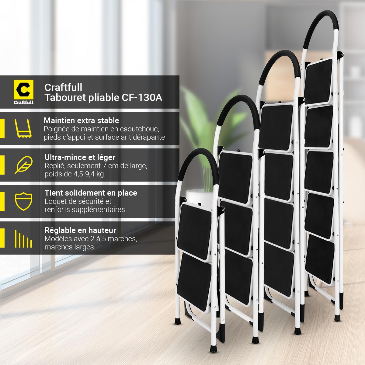 𝐂𝐑𝐀𝐅𝐓𝐅𝐔𝐋𝐋 Design de l’échelle Pliante CF-130A | 2 à 5 marches - Pliable - Jusqu’à 150 kg - Échelle ménagère - Échelle - Échelle à marches
