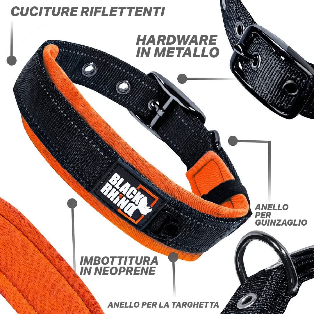 Black Rhino - Collare per cani imbottito in neoprene ultra morbido, per tutte le razze, confortevole, resistente, regolabile, riflettente, impermeabile (L, Arancione/Nero)
