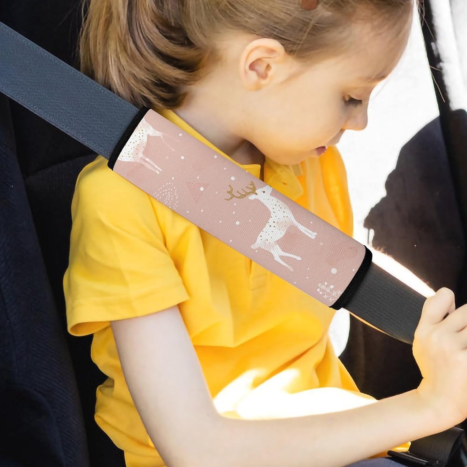 2 PCS Super Soft Car Seat Belt Pad, Cute Peach Reindeer Pattern Printed Waterproof Sweat-Absorbing Seat Belt Covers Backpack Shoulder Pad for All Car Seats Baby Strollers