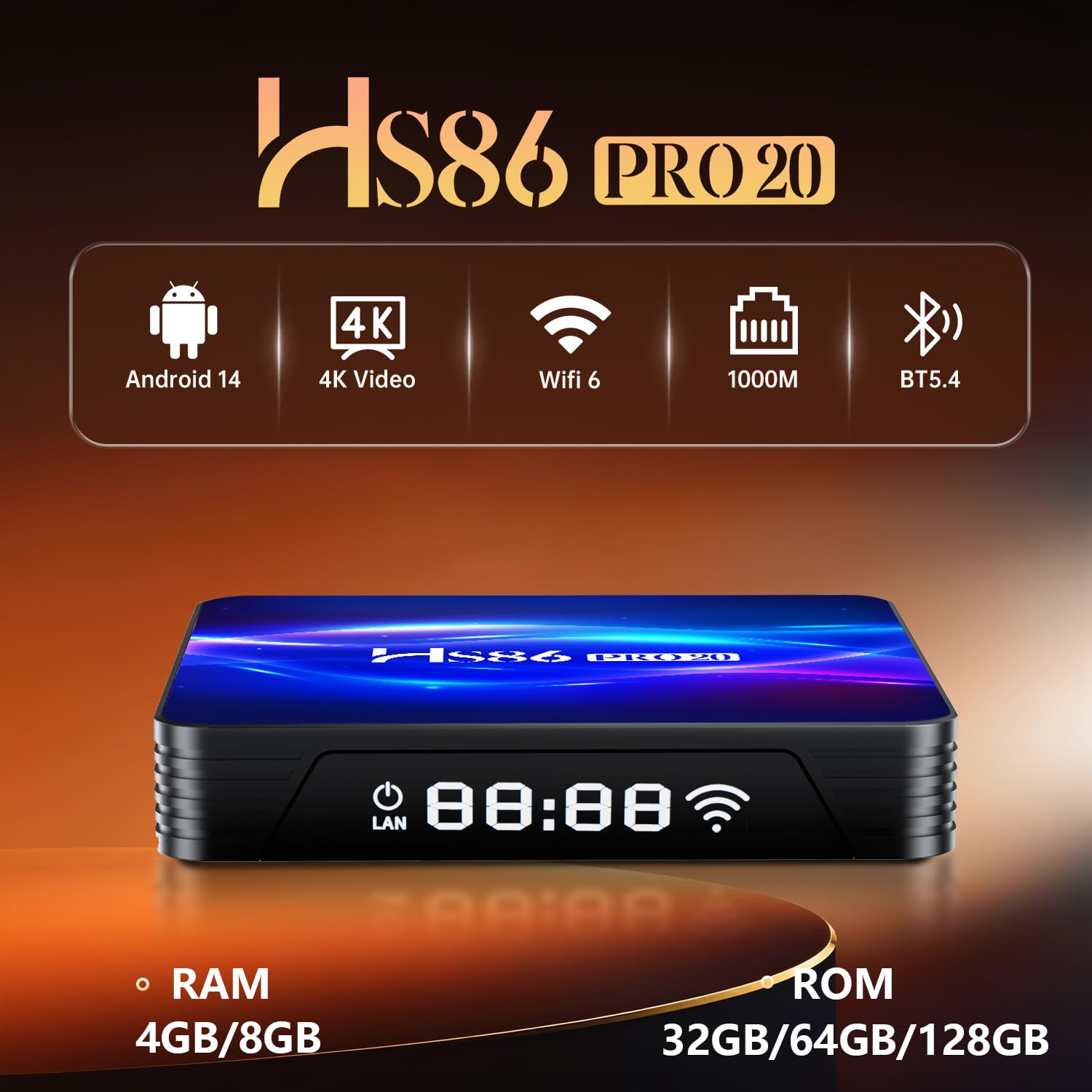8K UHD Android 14.0 TV Box RK3566 8GB RAM 64GB ROM, HS86 PRO20 Smart TV Box Android 4K@60hz HDR10 Streaming Media Player Unterstützung Dualband WiFi6 2,4G/5G BT5.4 Ethernet 1000M, mit IR Fernbedienung