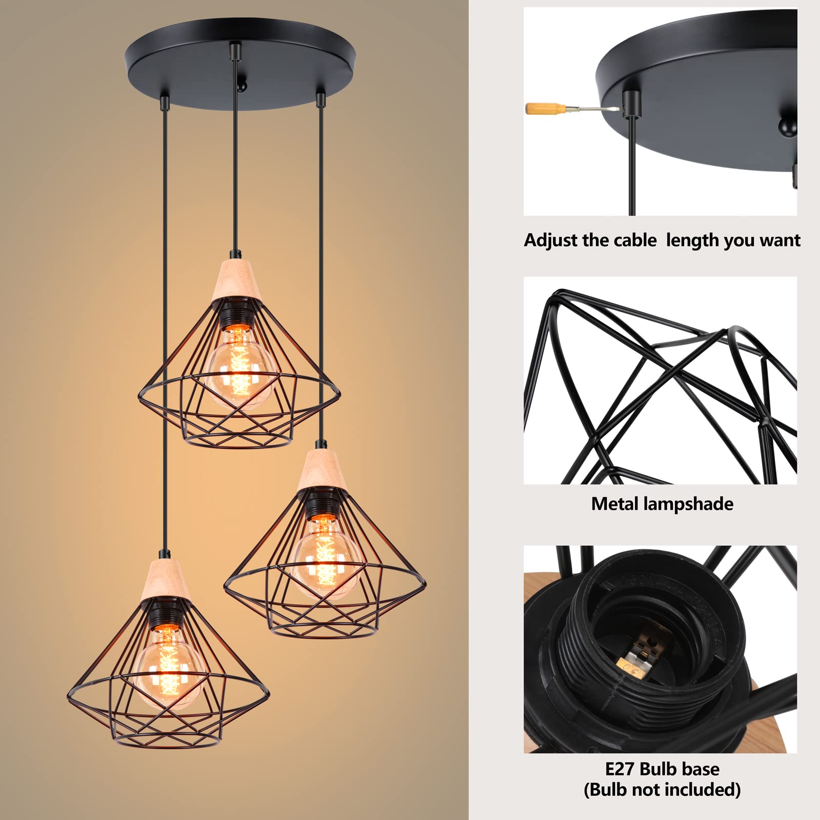 iDEGU 3-flammig Pendelleuchte Industrielle Hängelampe aus Holz und Metall Vintage Lampe mit 22cm Geometrischem Käfig Schwarz E27 Retro Hängeleuchte für Esszimmer Wohnzimmer Küche (3-flammig, Rondell)