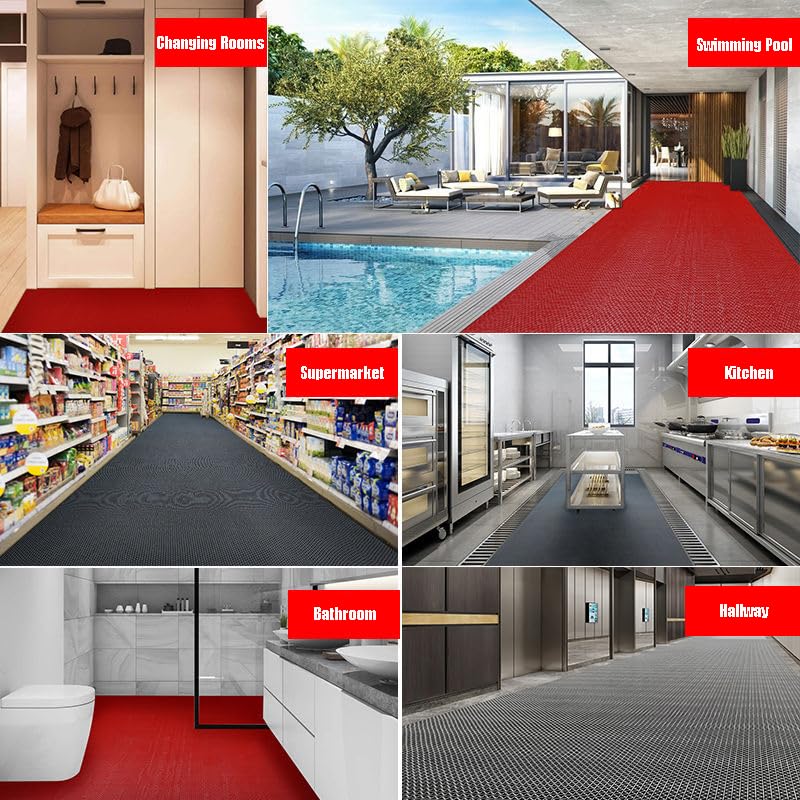 WLWLEO Drainage Non Slip Flooring Mats for Restaurant Kitchen Pool Commercial Grade Large Size 3' x 10'Heavy Duty Brush Step Entrance Mat Durable Bar Anti-Fatigue Floor Mats,Red,0.9×3M