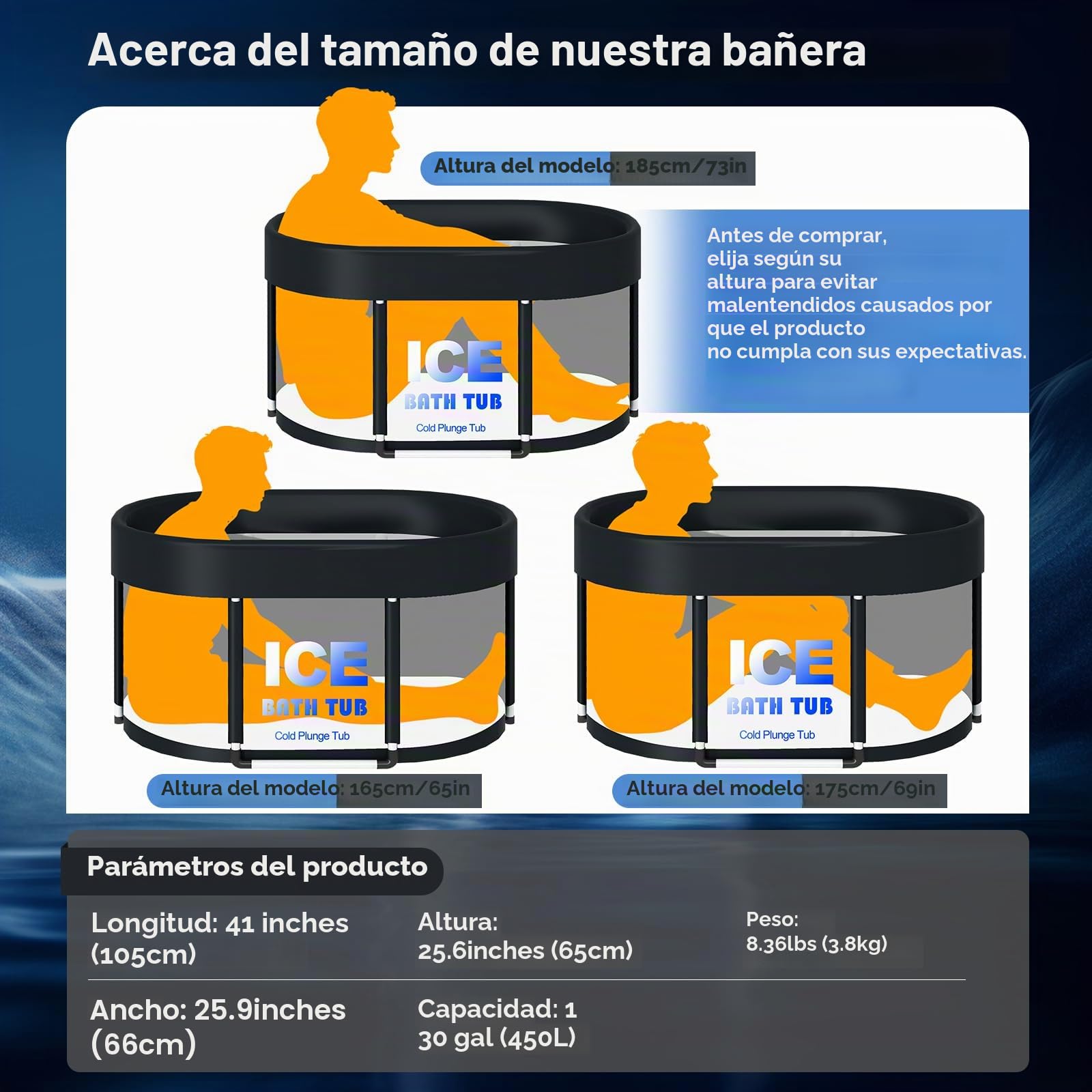 Bañera de hielo portátil para atletas, 105 x 65 x 66 cm | Gran bañera de recuperación de terapia de frío, para gimnasio en casa y al aire libre