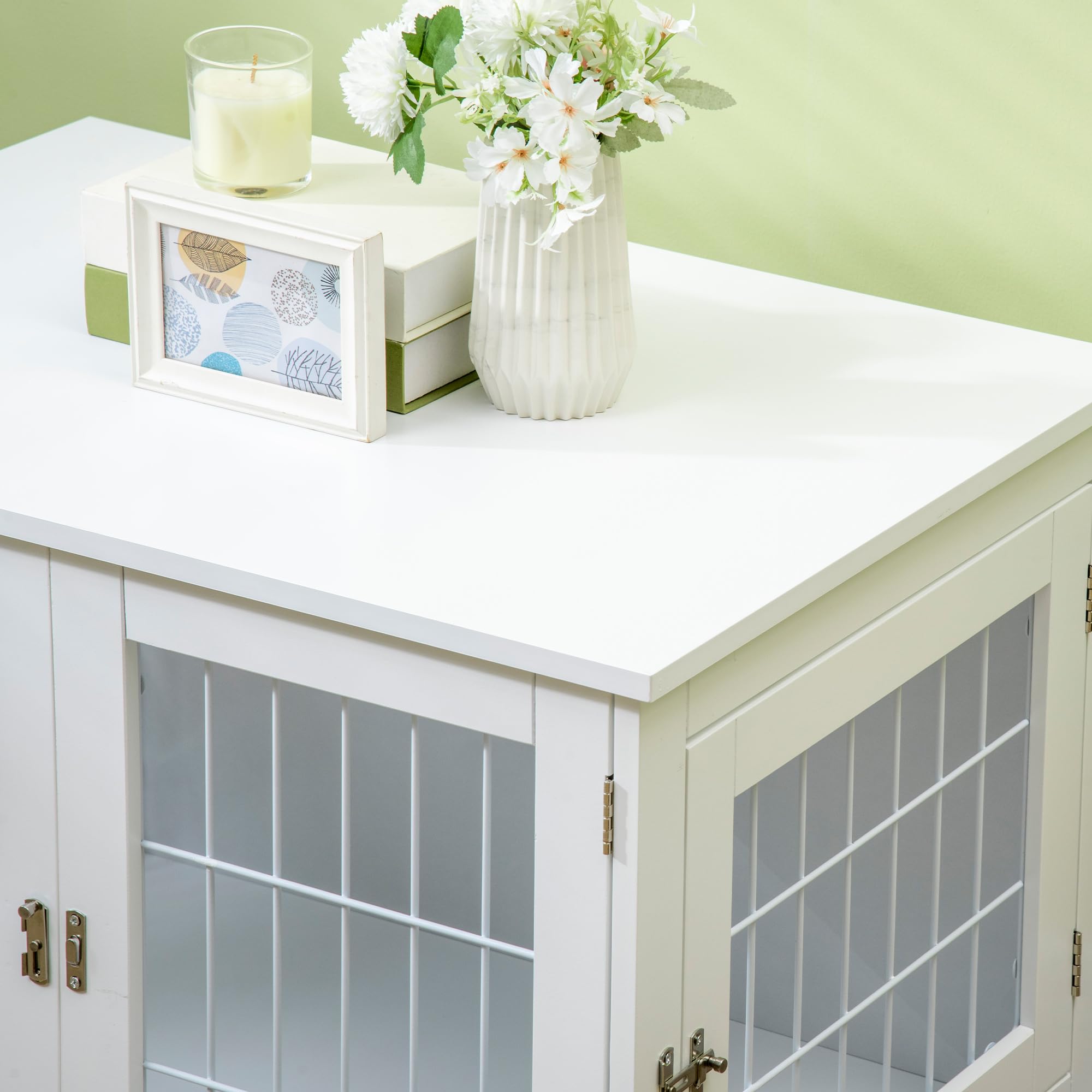 PawHut Jaula para Perros de Madera 76x54,5x56 cm Caseta para Perros con Mesa de Almacenamiento con Rejillas de Acero y 2 Puertas de Pestillo Blanco