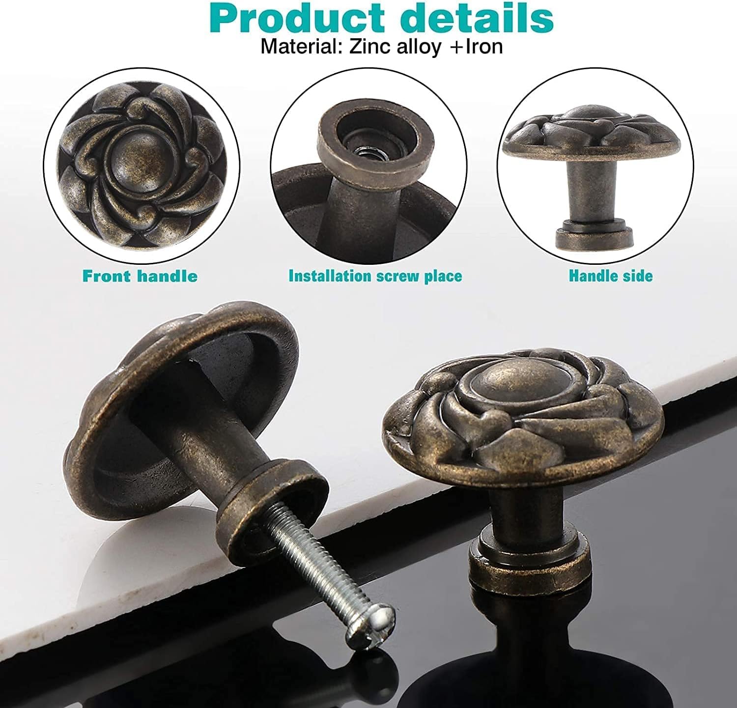 Round Pull Knobs Handles, 20 Pieces Cabinet Knobs Vintage Drawer Knobs Chic Carved Cabinet Knobs Pull Handle Metal Flower Shape Cabinet Drawer Door Knob Bronze, 34x25mm (Color : Bronze 3)