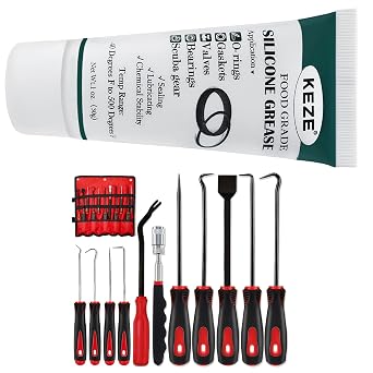 KEZE 11Pcs Precision Pick & Hook Set and 1 oz 1-Pack Silicone Grease for Valve Sealant Faucet O Rings Faucet Automotive Hydraulic Pipe Repair