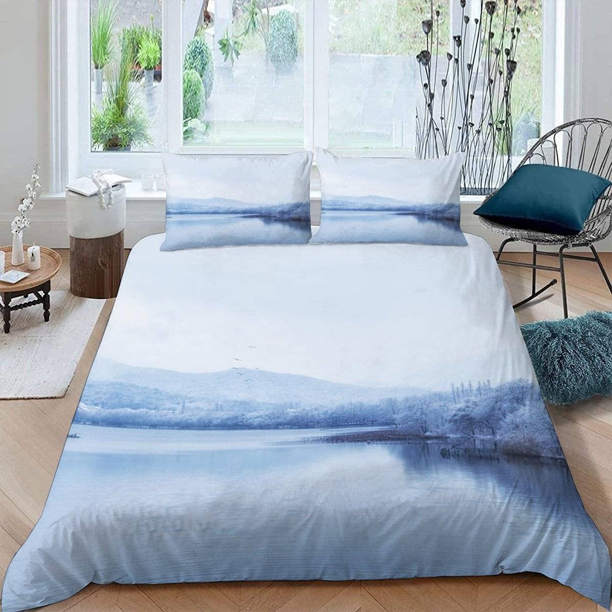 Komplet pościeli 220 x 240 dla dorosłych, zimowy krajobraz śnieżny, 2 osoby, woda du Lake Nastolatki, wzór z zamkiem błyskawicznym, miękka, oddychająca mikrofibra, 3 sztuki, 2 poszewki na poduszki 50 x 75