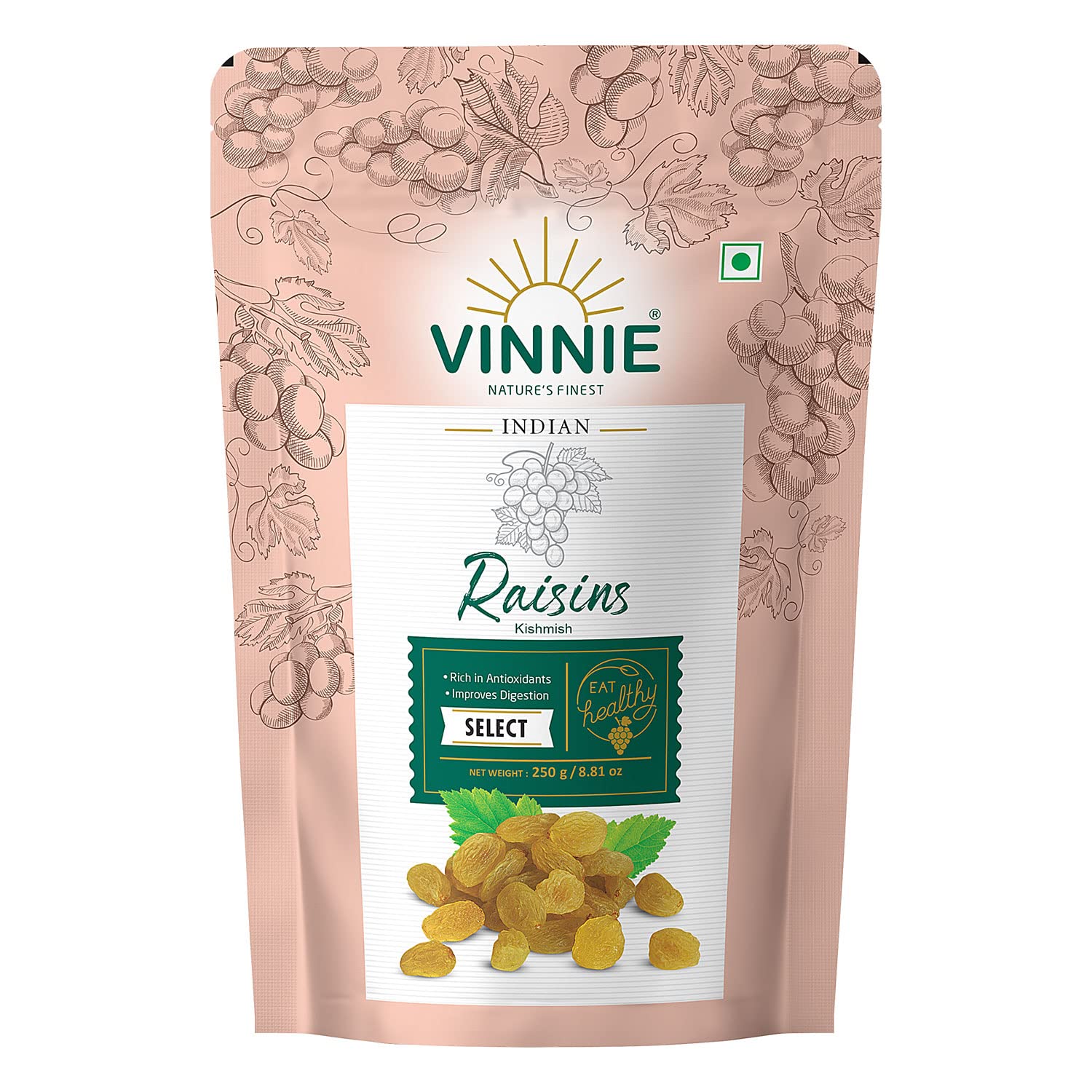 Vinnie Golden Fresh Raisins – Premium Green Kishmish | Rich in Iron & Vitamin B Fibre & Potassium | Dry Fruits | Healthy and Tasty Snacks | Dried Grapes - 250G