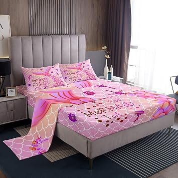 Erosebridal Girly Sheet Set Queen,Glitter Mermaid Bed Sheets for Kids Girls Mermaid Gift,Pink Ombre Kawaii Bedding Set,Cartoon Fish Scales Coastal Animal Fitted Sheet + Flat Sheet + 2 Pillowcases