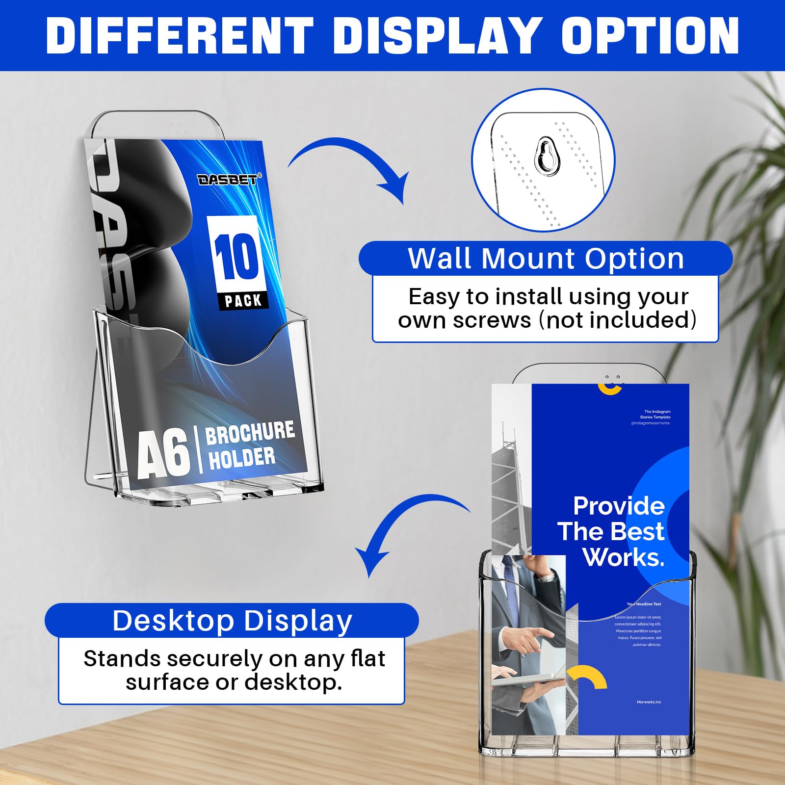 DASBET Lot de 10 supports de brochures A6 en acrylique transparent pour brochures en plexiglas - Présentoir de brochures pour magazines, documents, brochures