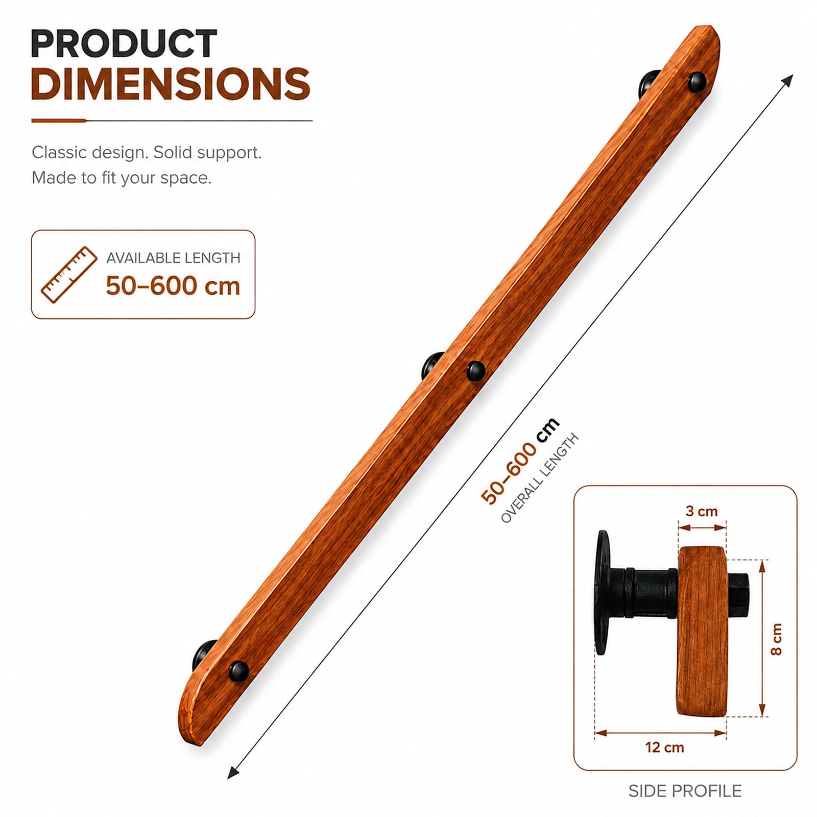 Wooden Handrails for Stairs Non-Slip Stair Banister with Brackets, 400cm - Image 2